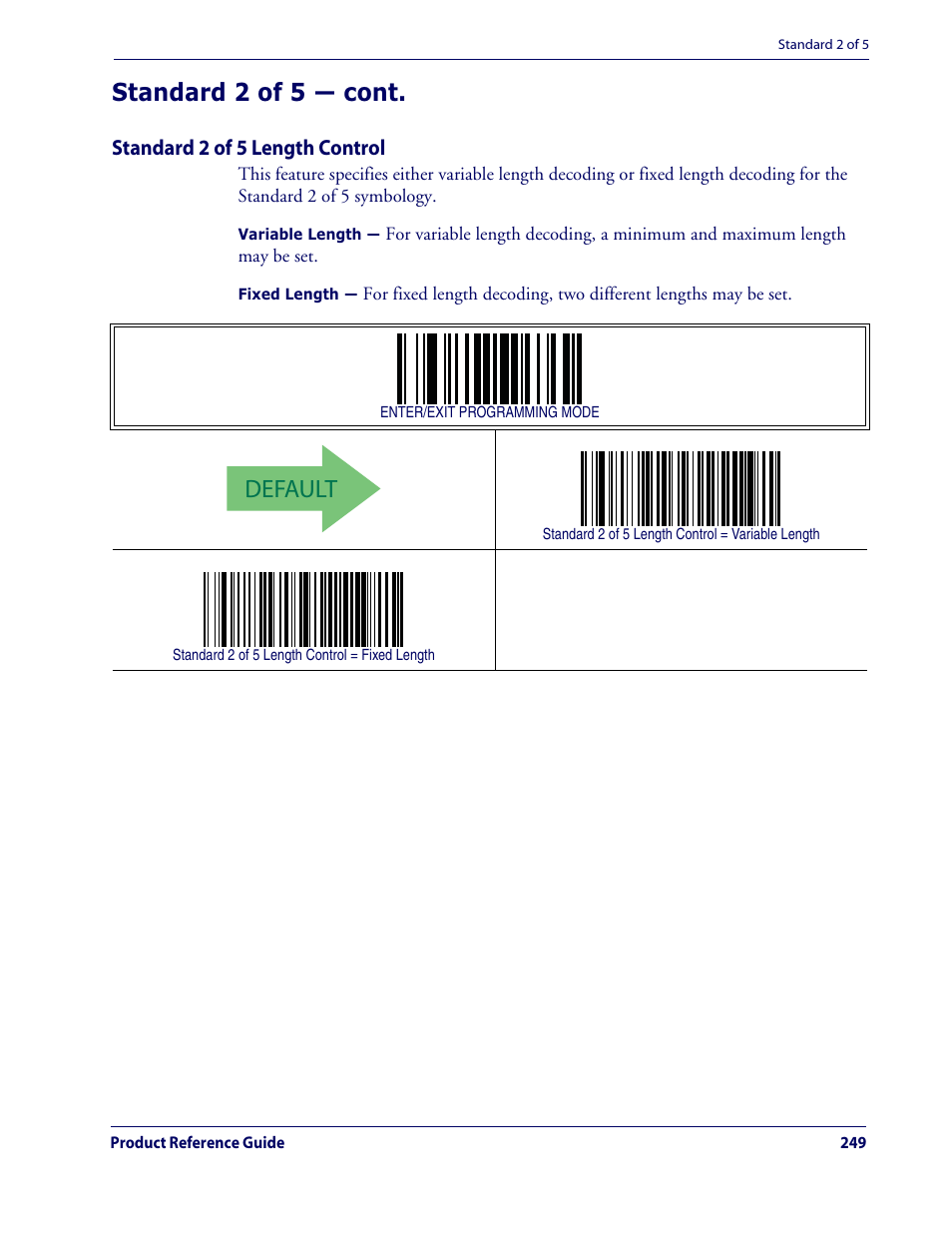 Default, Standard 2 of 5 — cont | Datalogic Scanning QUICKSCAN QD2100 User Manual | Page 257 / 320