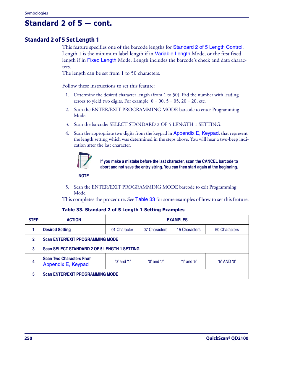 Standard 2 of 5 — cont, Standard 2 of 5 set length 1 | Datalogic Scanning QUICKSCAN QD2100 User Manual | Page 258 / 320