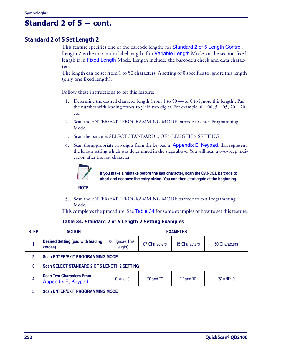 Standard 2 of 5 — cont, Standard 2 of 5 set length 2 | Datalogic Scanning QUICKSCAN QD2100 User Manual | Page 260 / 320