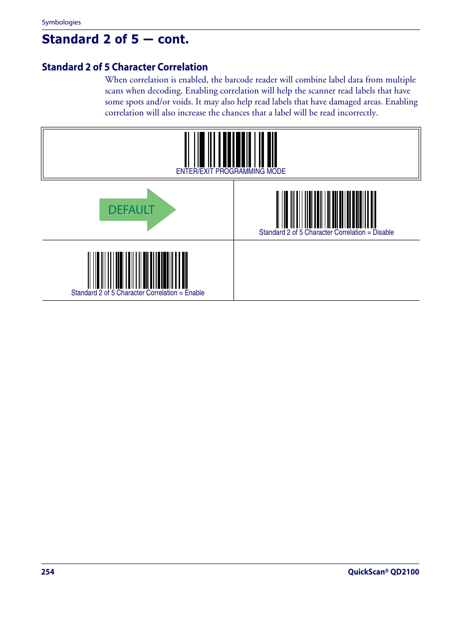 Default, Standard 2 of 5 — cont | Datalogic Scanning QUICKSCAN QD2100 User Manual | Page 262 / 320