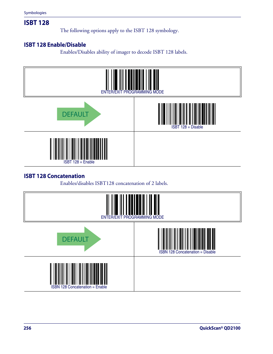 Default, Isbt 128 | Datalogic Scanning QUICKSCAN QD2100 User Manual | Page 264 / 320