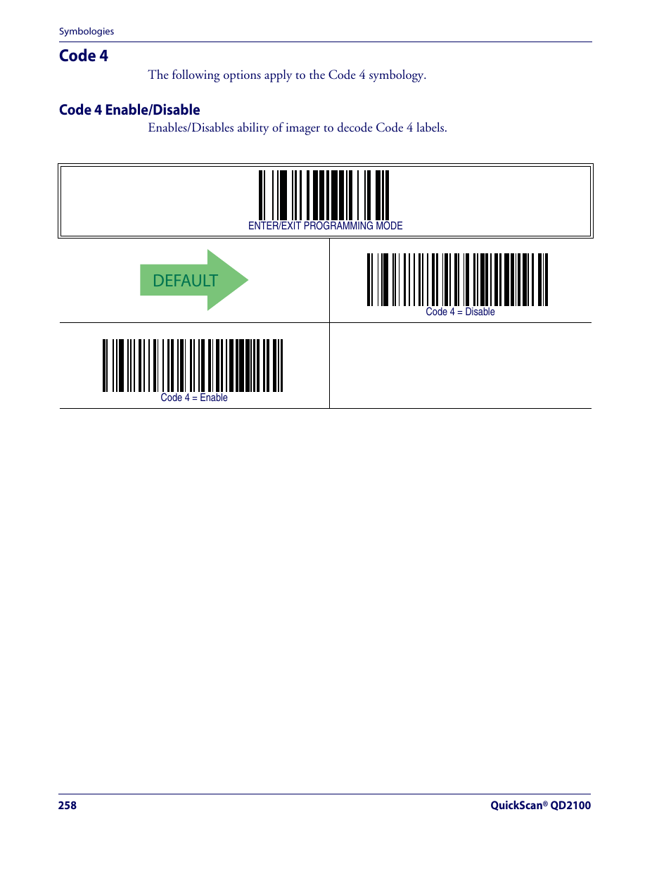 Default, Code 4 | Datalogic Scanning QUICKSCAN QD2100 User Manual | Page 266 / 320