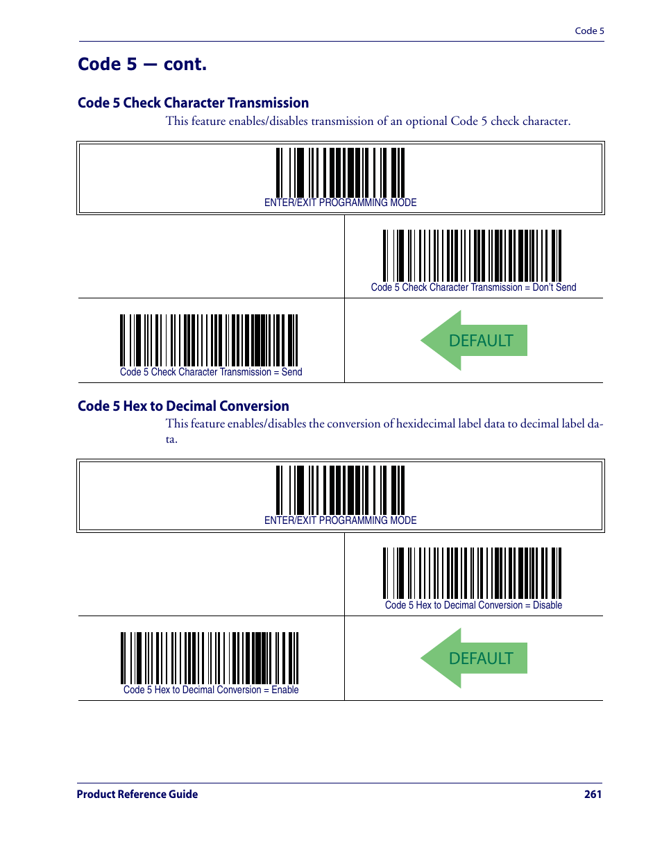 Default, Code 5 — cont | Datalogic Scanning QUICKSCAN QD2100 User Manual | Page 269 / 320