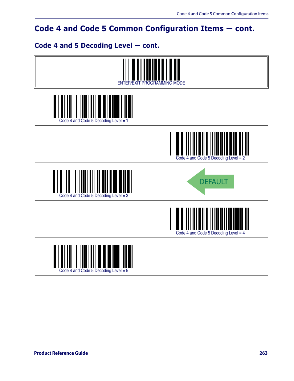 Default, Code 4 and 5 decoding level — cont | Datalogic Scanning QUICKSCAN QD2100 User Manual | Page 271 / 320