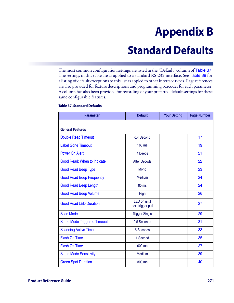 Appendix b, Standard defaults | Datalogic Scanning QUICKSCAN QD2100 User Manual | Page 279 / 320