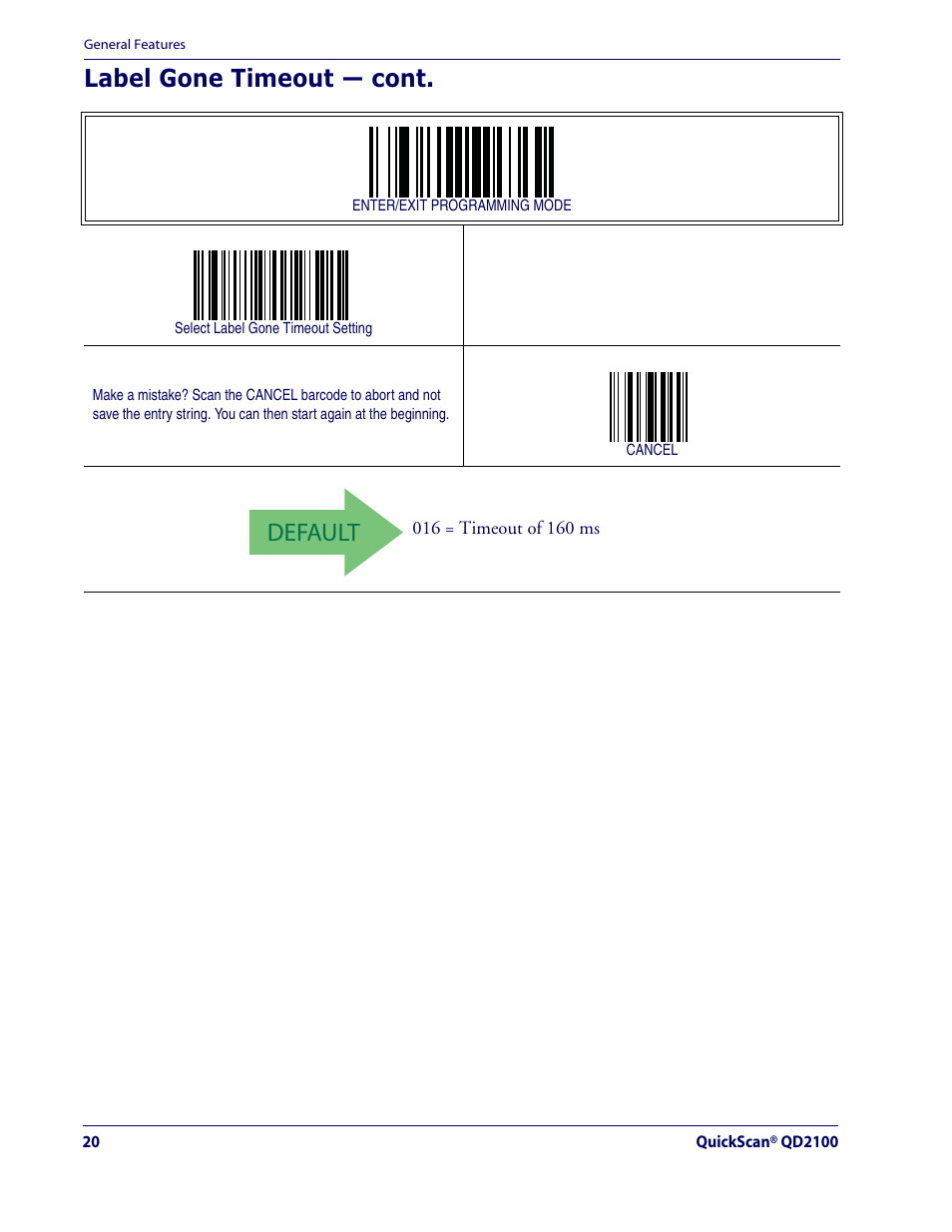 Default, Label gone timeout — cont | Datalogic Scanning QUICKSCAN QD2100 User Manual | Page 28 / 320