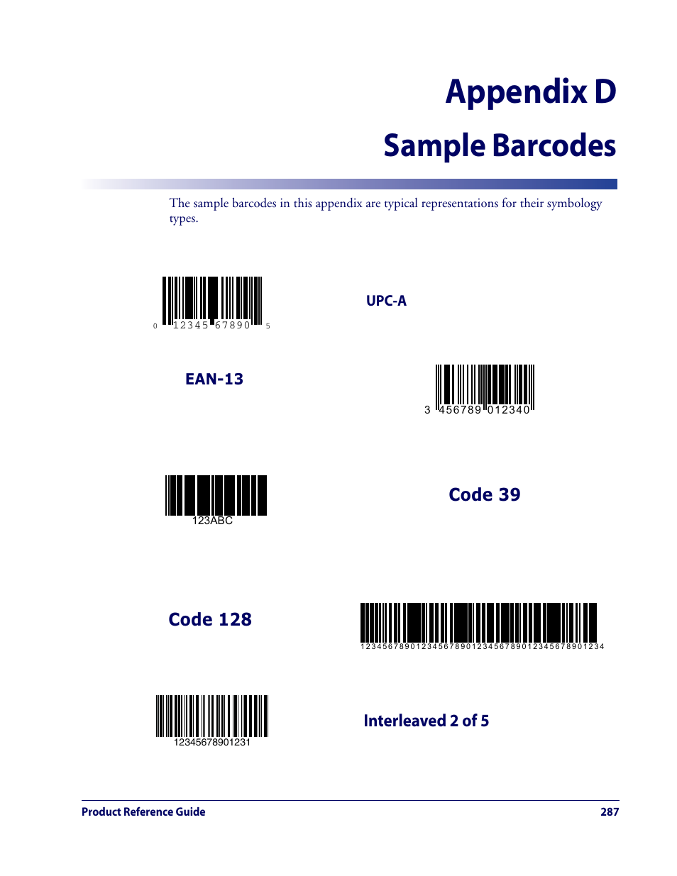 Appendix d, Sample barcodes | Datalogic Scanning QUICKSCAN QD2100 User Manual | Page 295 / 320