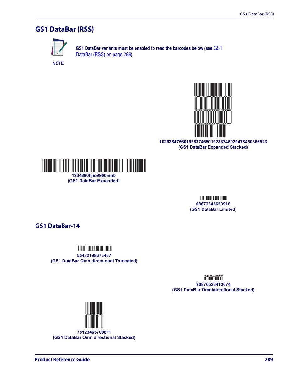 Gs1 databar (rss), Gs1 databar-14 | Datalogic Scanning QUICKSCAN QD2100 User Manual | Page 297 / 320