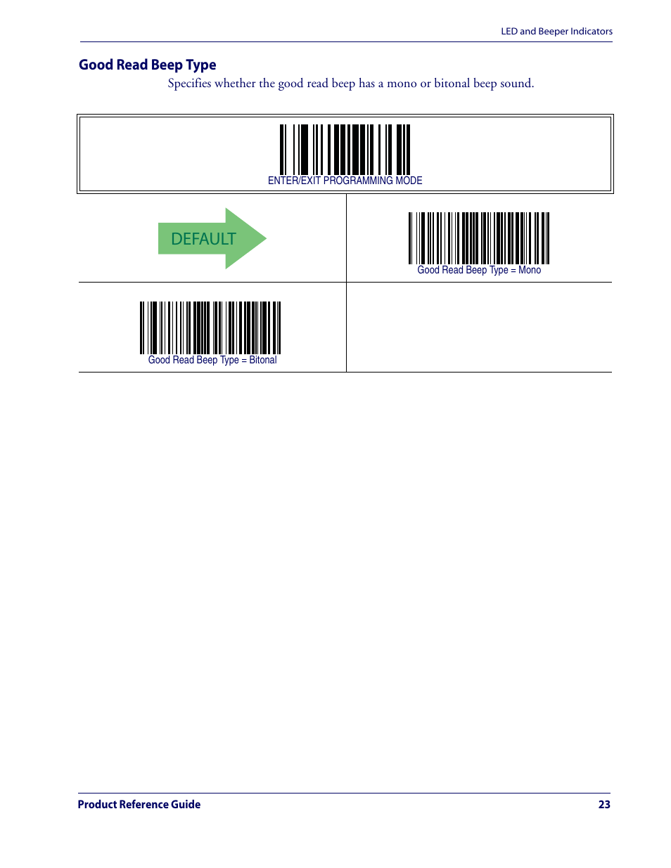 Default, Good read beep type | Datalogic Scanning QUICKSCAN QD2100 User Manual | Page 31 / 320