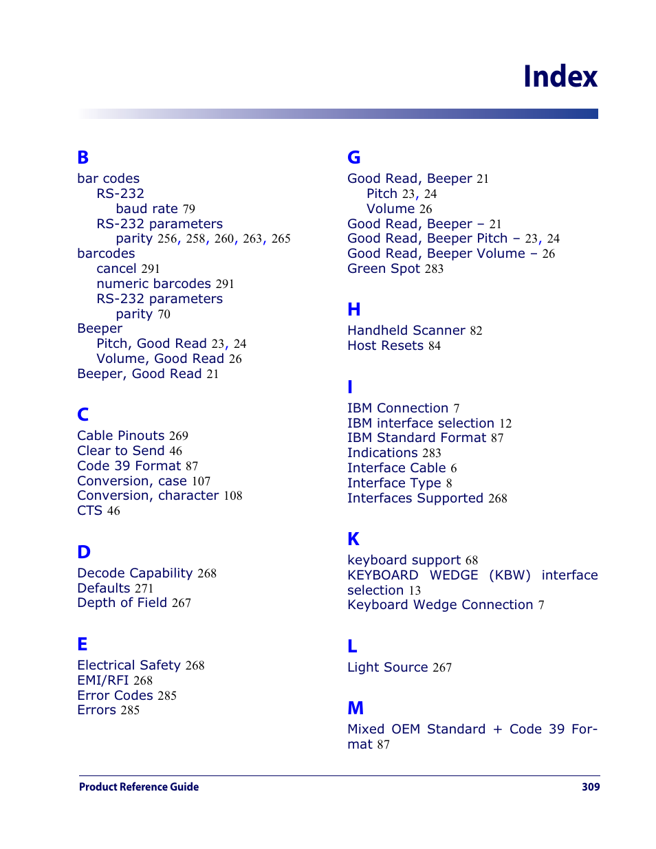 Index | Datalogic Scanning QUICKSCAN QD2100 User Manual | Page 317 / 320