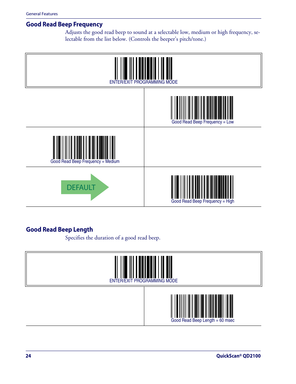 Default, Good read beep frequency, Good read beep length | Datalogic Scanning QUICKSCAN QD2100 User Manual | Page 32 / 320