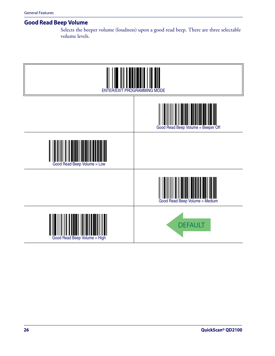 Default, Good read beep volume | Datalogic Scanning QUICKSCAN QD2100 User Manual | Page 34 / 320