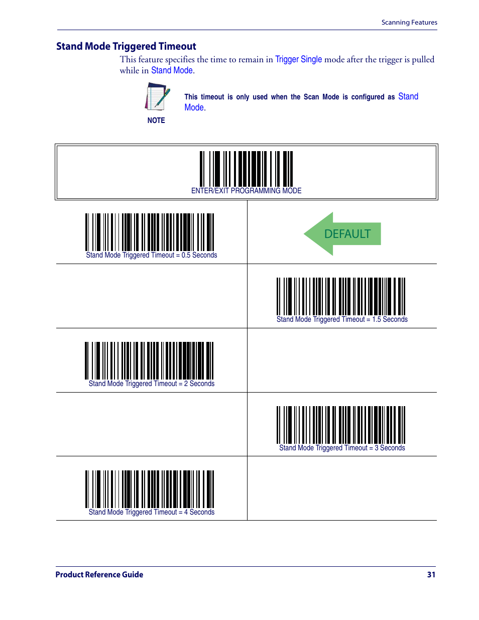 Default, Stand mode triggered timeout | Datalogic Scanning QUICKSCAN QD2100 User Manual | Page 39 / 320