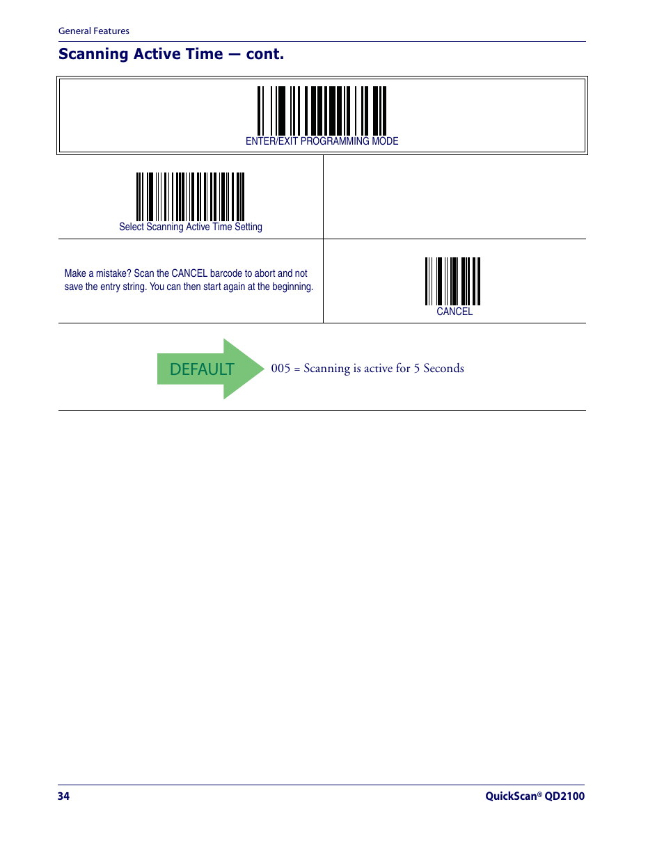 Default, Scanning active time — cont | Datalogic Scanning QUICKSCAN QD2100 User Manual | Page 42 / 320