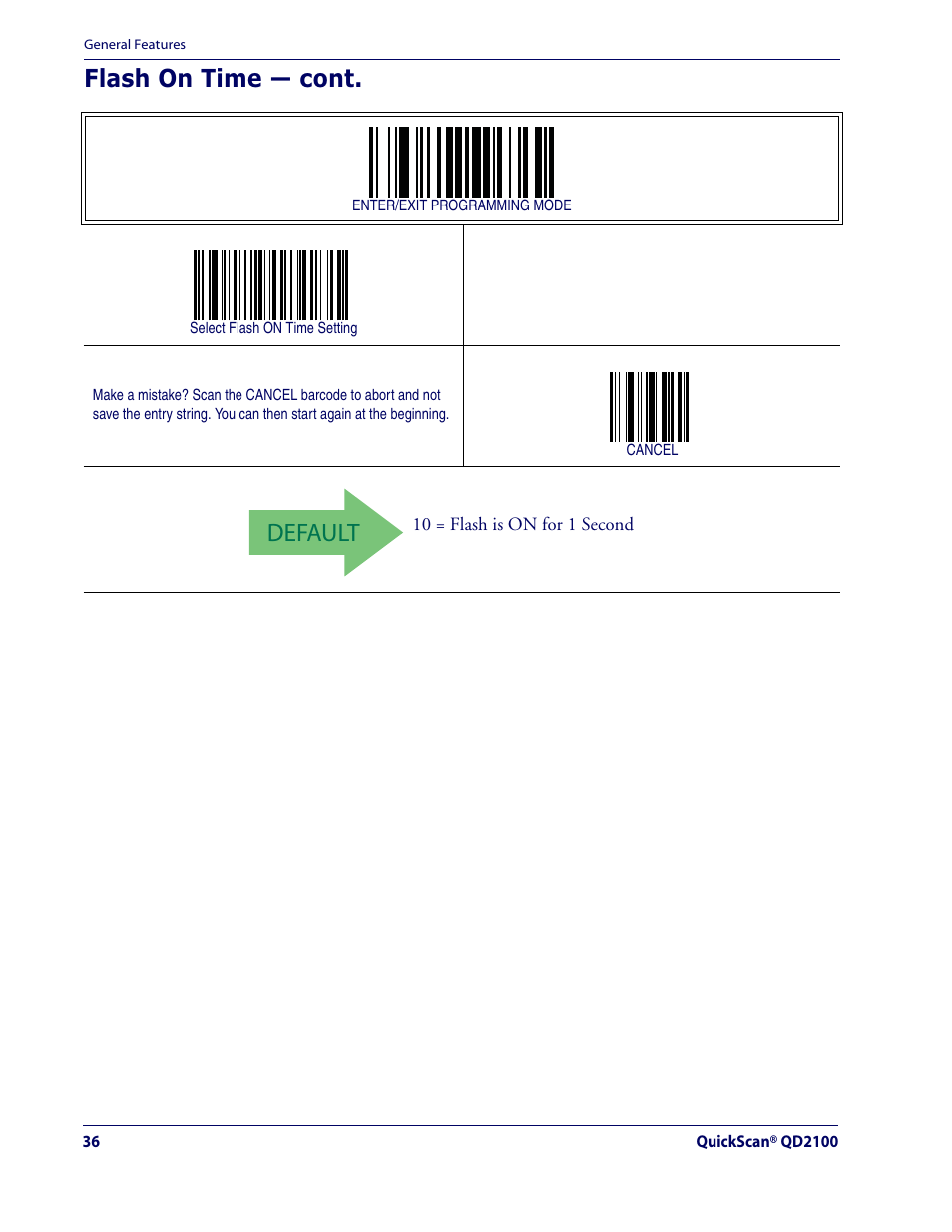 Default, Flash on time — cont | Datalogic Scanning QUICKSCAN QD2100 User Manual | Page 44 / 320