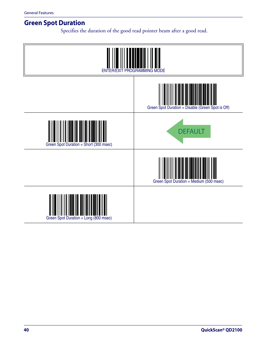 Default, Green spot duration | Datalogic Scanning QUICKSCAN QD2100 User Manual | Page 48 / 320