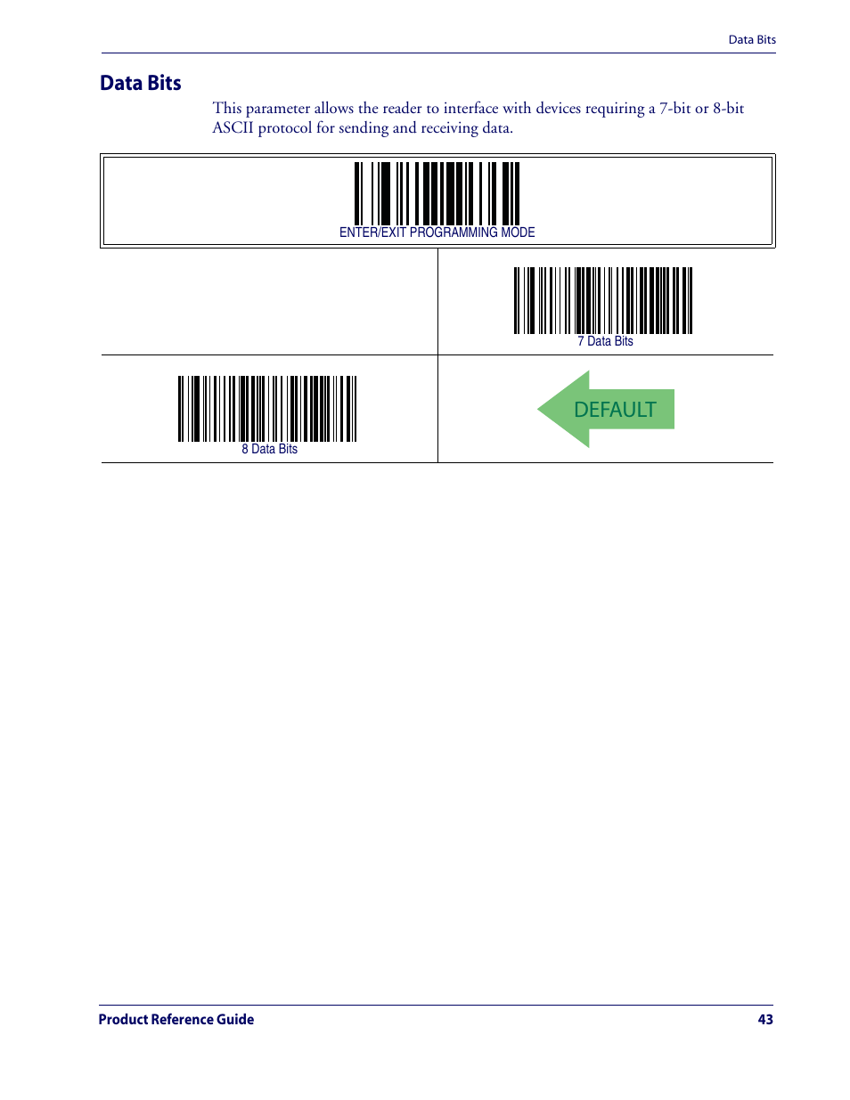 Default, Data bits | Datalogic Scanning QUICKSCAN QD2100 User Manual | Page 51 / 320