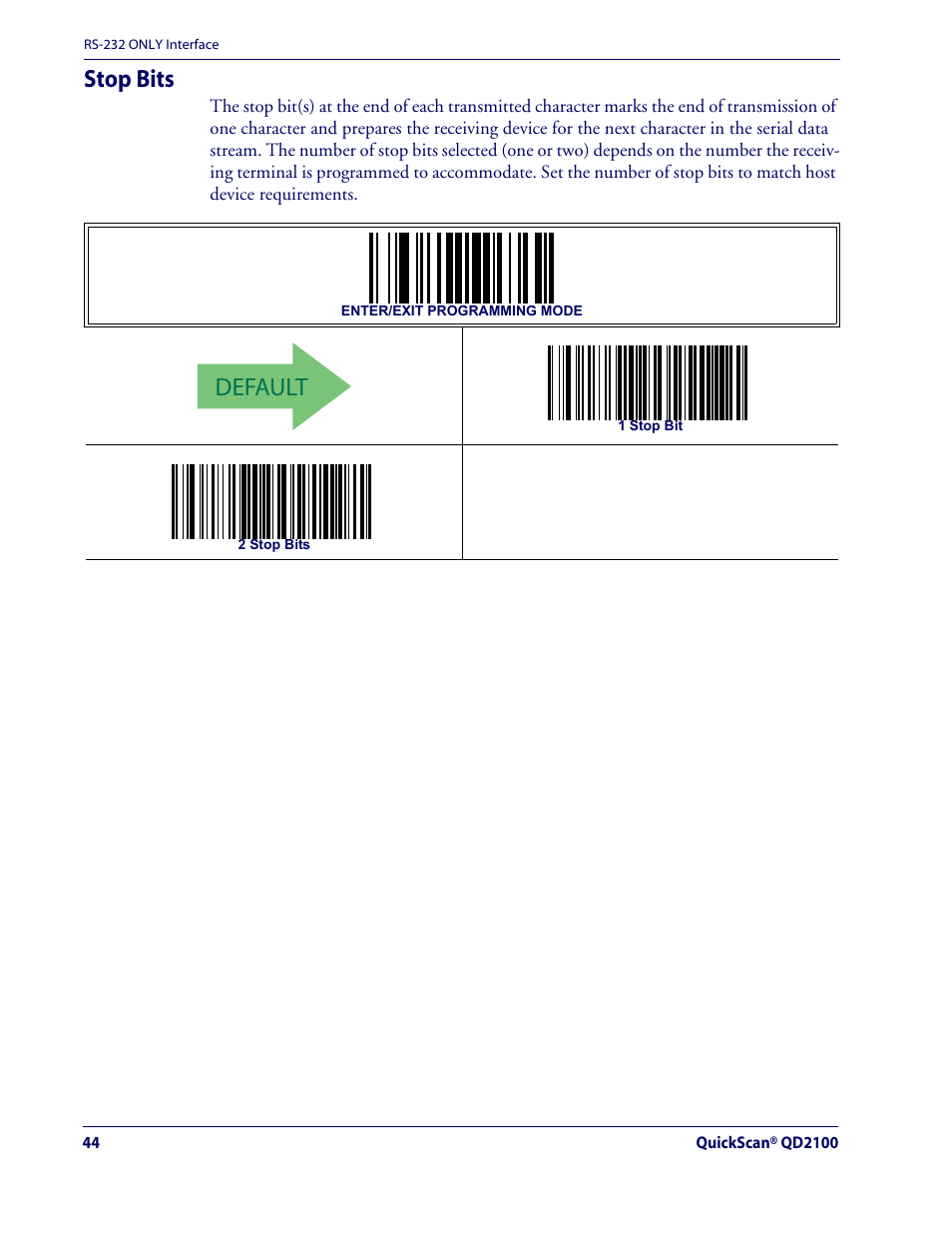 Default, Stop bits | Datalogic Scanning QUICKSCAN QD2100 User Manual | Page 52 / 320