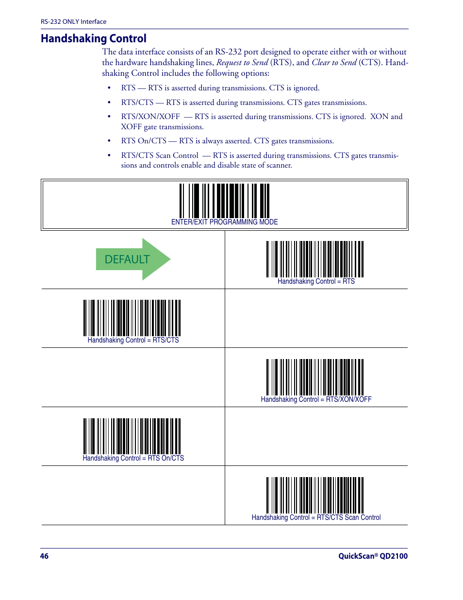 Default, Handshaking control | Datalogic Scanning QUICKSCAN QD2100 User Manual | Page 54 / 320