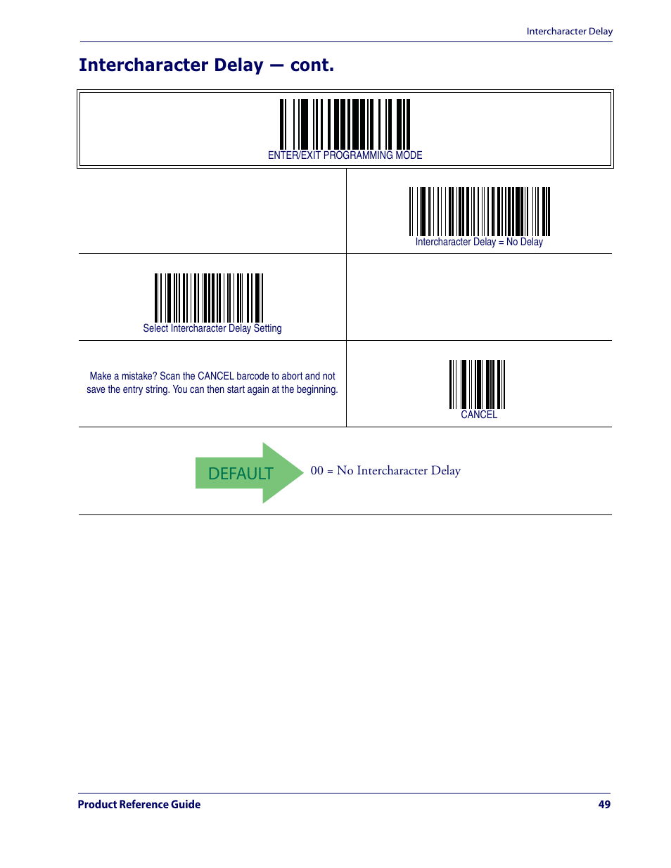 Default, Intercharacter delay — cont | Datalogic Scanning QUICKSCAN QD2100 User Manual | Page 57 / 320