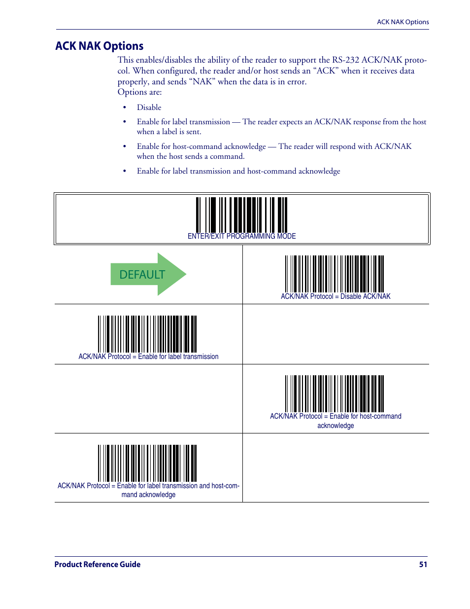 Default, Ack nak options | Datalogic Scanning QUICKSCAN QD2100 User Manual | Page 59 / 320