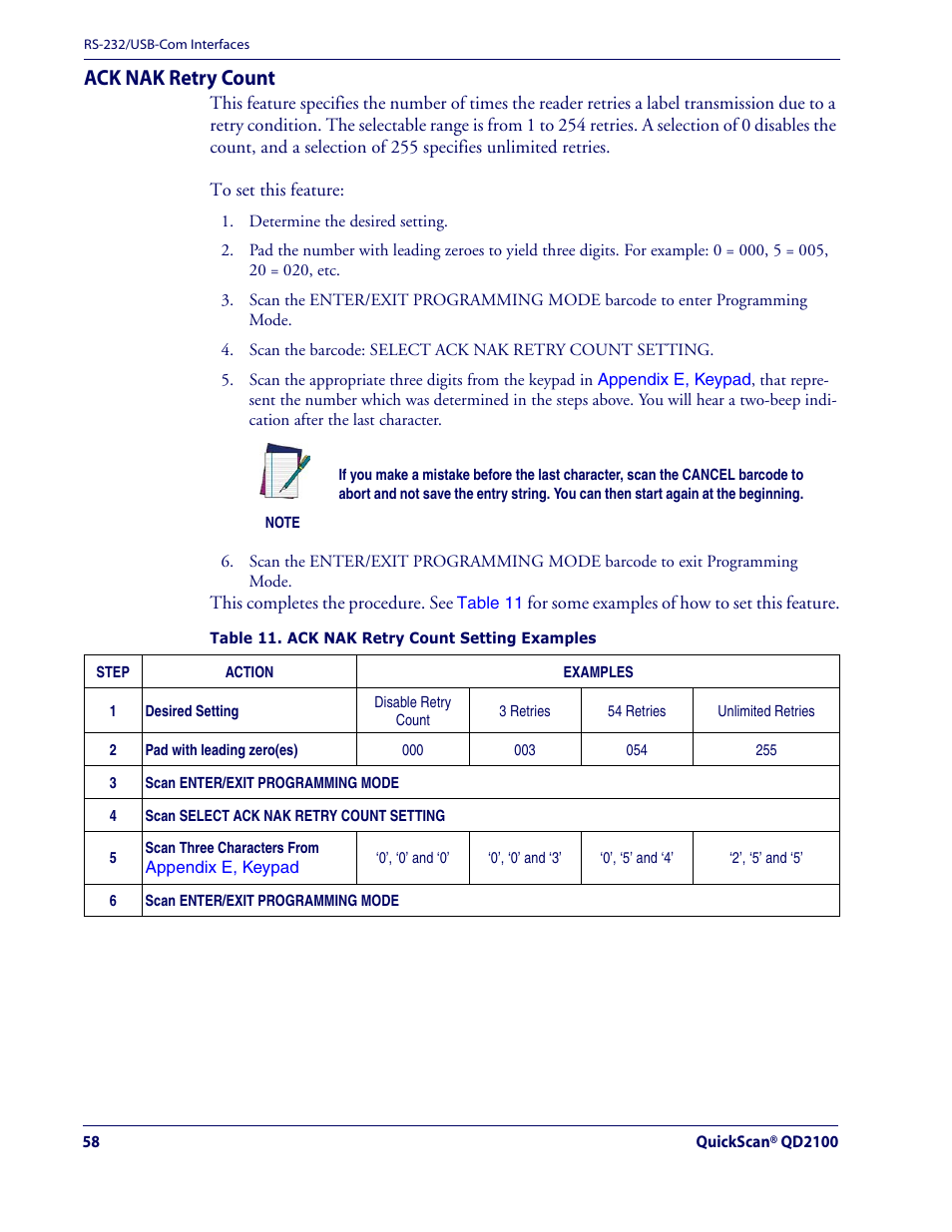 Ack nak retry count | Datalogic Scanning QUICKSCAN QD2100 User Manual | Page 66 / 320