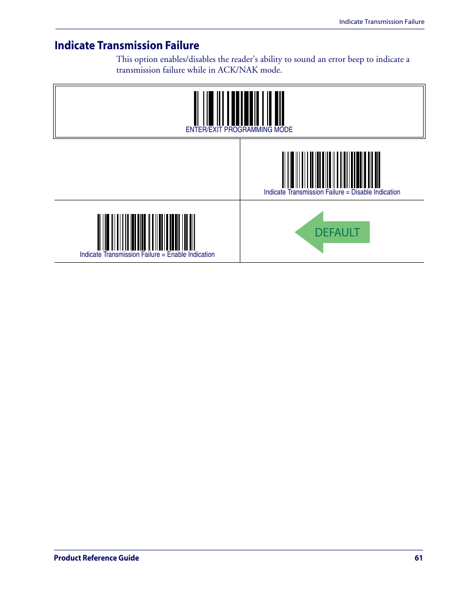 Default, Indicate transmission failure | Datalogic Scanning QUICKSCAN QD2100 User Manual | Page 69 / 320