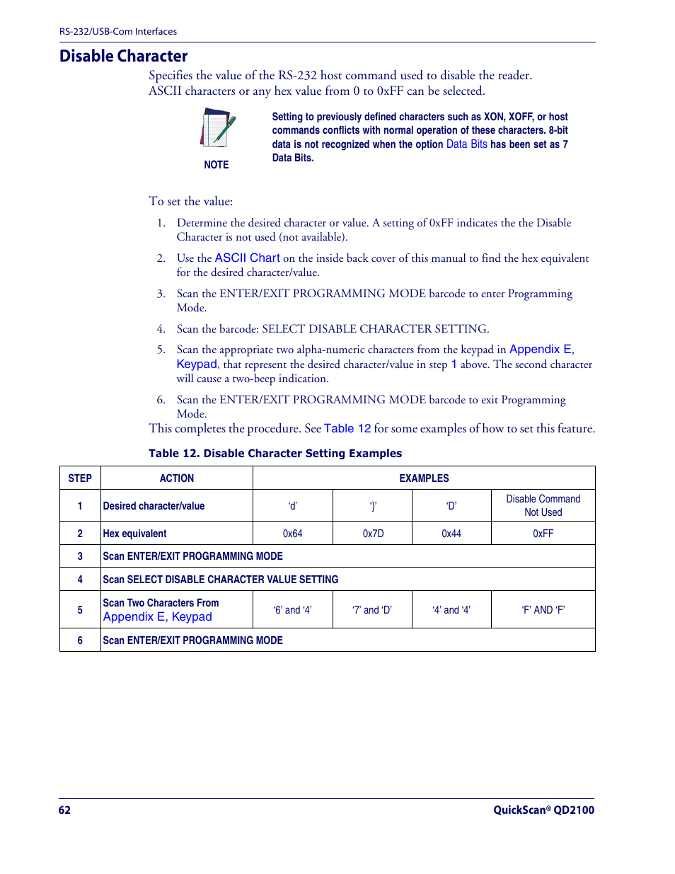 Disable character | Datalogic Scanning QUICKSCAN QD2100 User Manual | Page 70 / 320