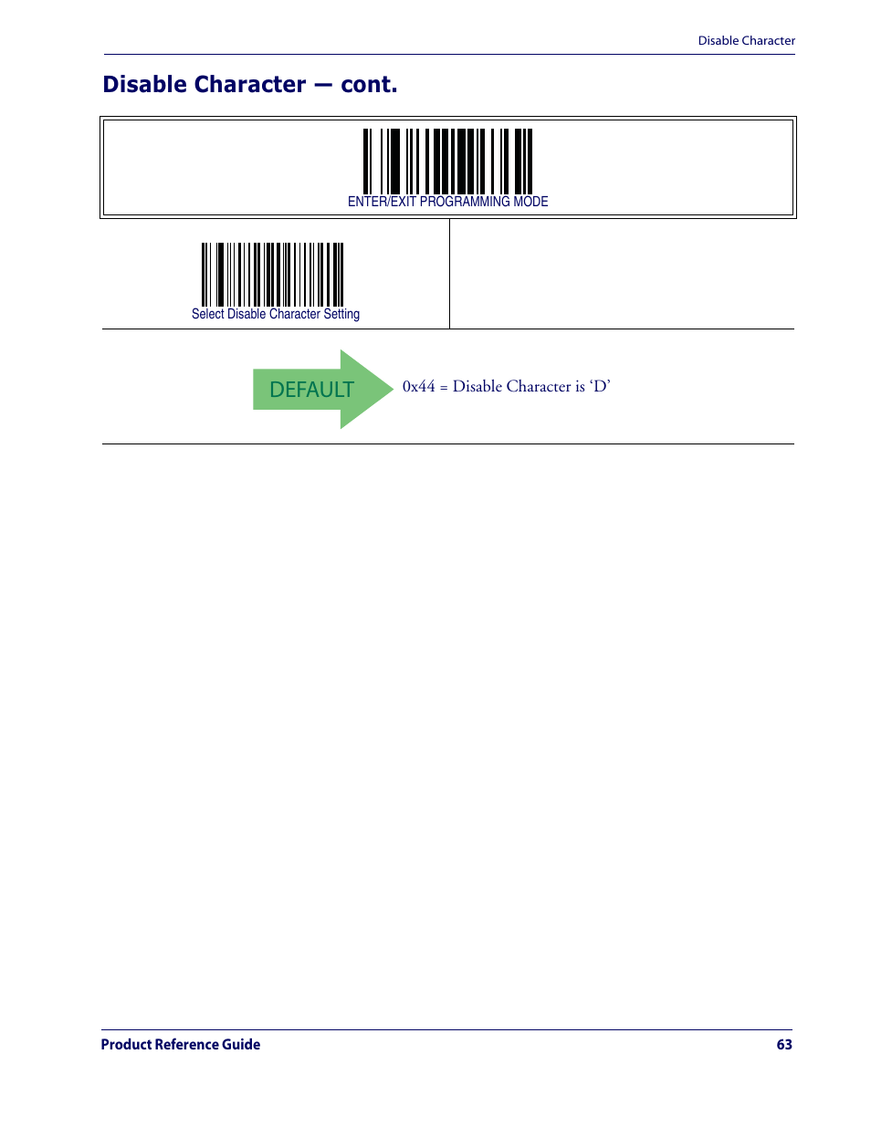Default, Disable character — cont | Datalogic Scanning QUICKSCAN QD2100 User Manual | Page 71 / 320