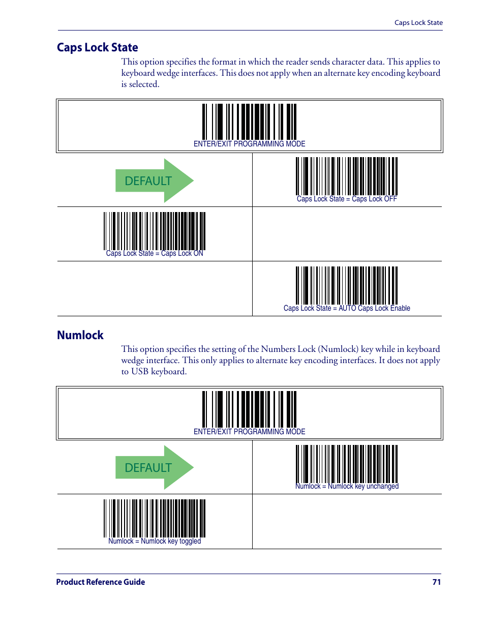 Default, Caps lock state, Numlock | Datalogic Scanning QUICKSCAN QD2100 User Manual | Page 79 / 320