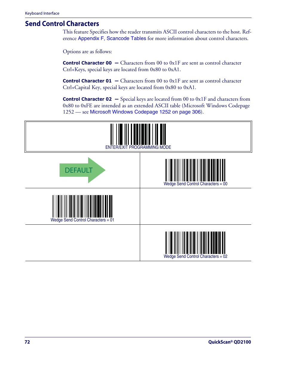 Default, Send control characters | Datalogic Scanning QUICKSCAN QD2100 User Manual | Page 80 / 320