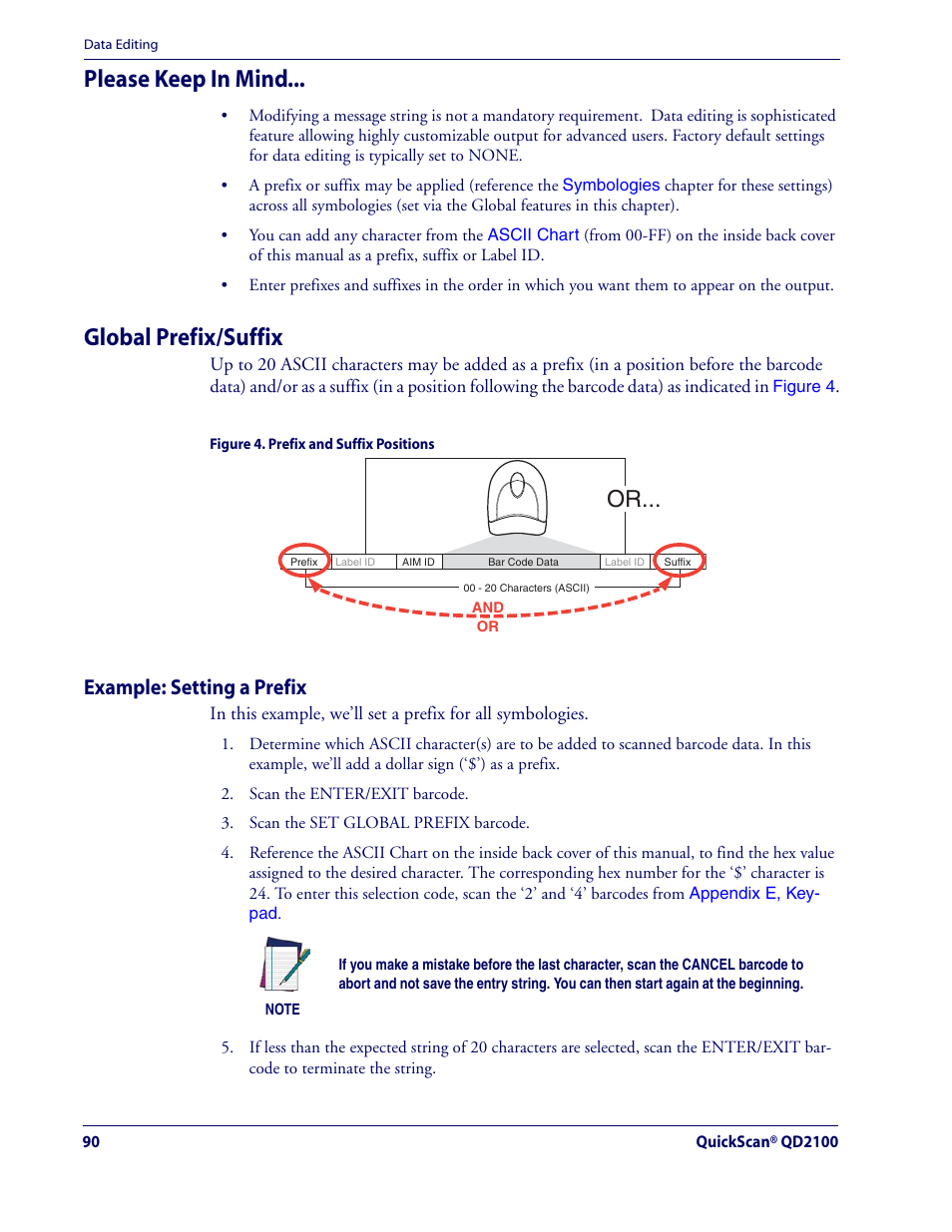 Please keep in mind, Global prefix/suffix, Example: setting a prefix | Datalogic Scanning QUICKSCAN QD2100 User Manual | Page 98 / 320