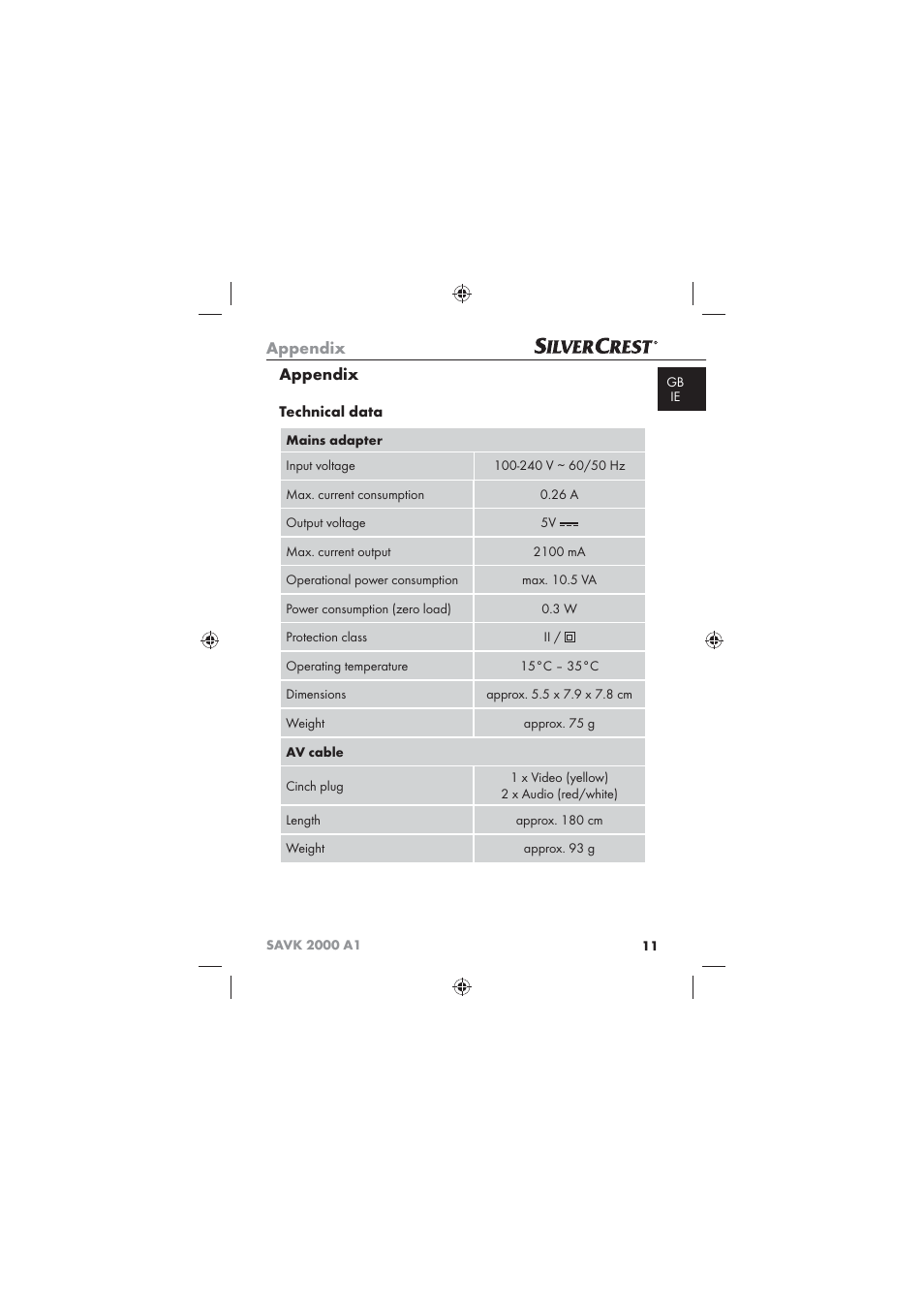 Appendix, Technical data | Silvercrest SAVK 2000 A1 User Manual | Page 13 / 16