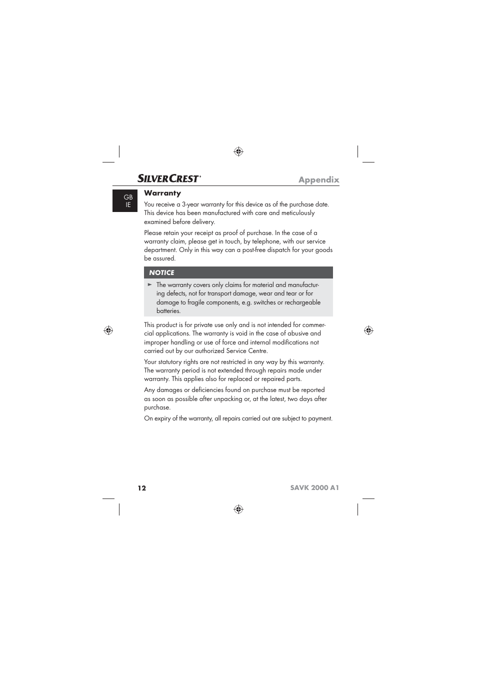 Appendix, Warranty | Silvercrest SAVK 2000 A1 User Manual | Page 14 / 16