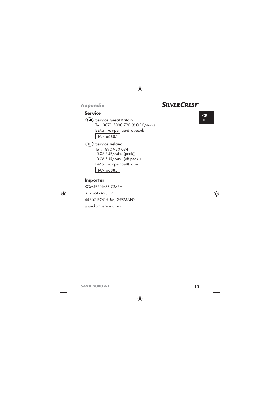 Appendix, Service, Importer | Silvercrest SAVK 2000 A1 User Manual | Page 15 / 16