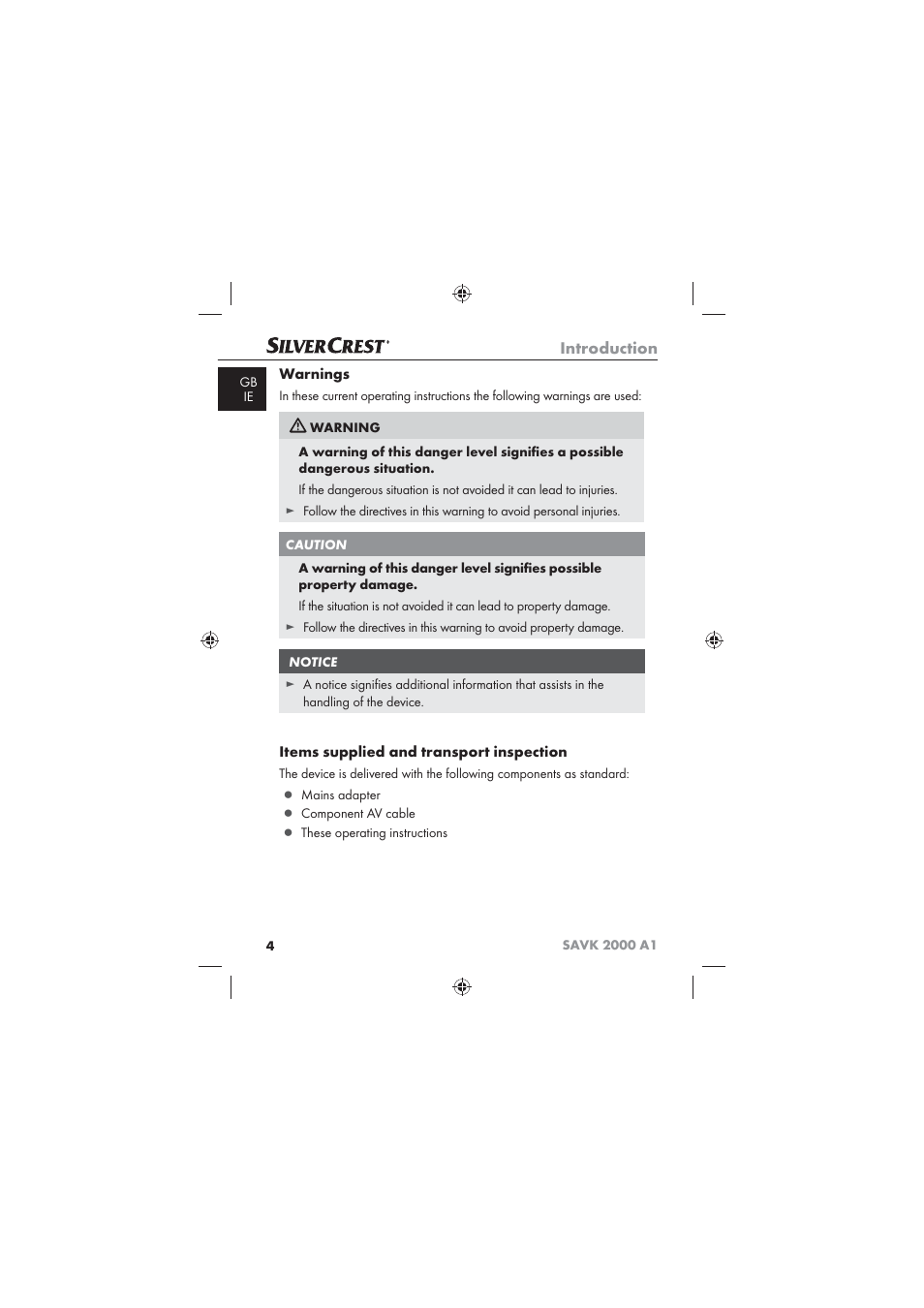 Introduction, Warnings, Items supplied and transport inspection | Silvercrest SAVK 2000 A1 User Manual | Page 6 / 16