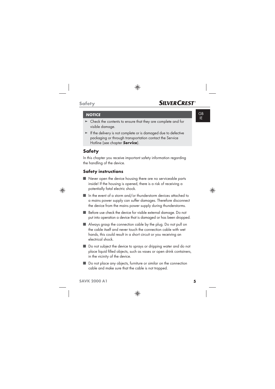 Safety, Safety instructions | Silvercrest SAVK 2000 A1 User Manual | Page 7 / 16