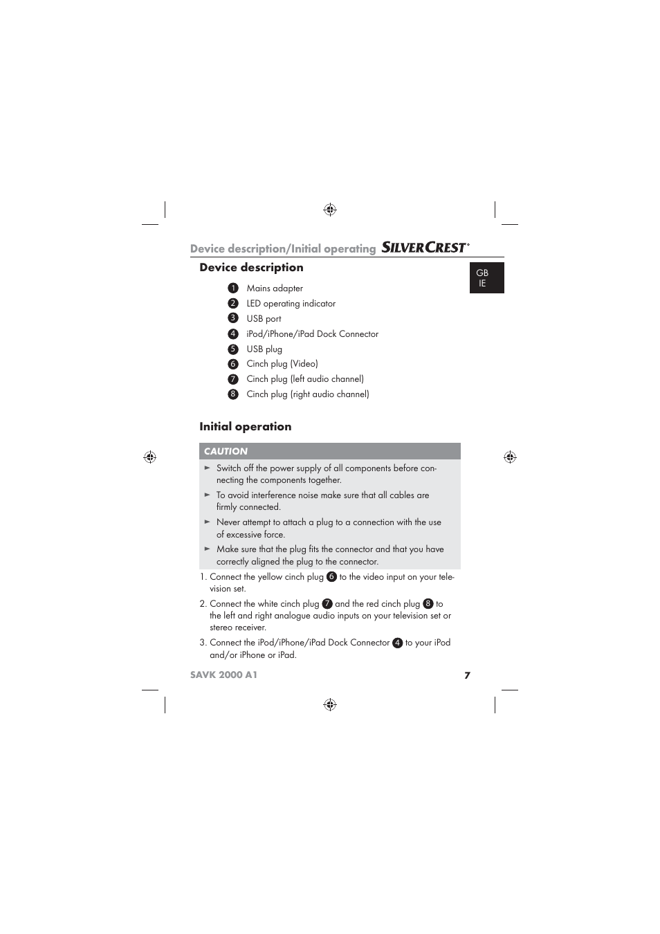 Device description/initial operating, Device description, Initial operation | Silvercrest SAVK 2000 A1 User Manual | Page 9 / 16