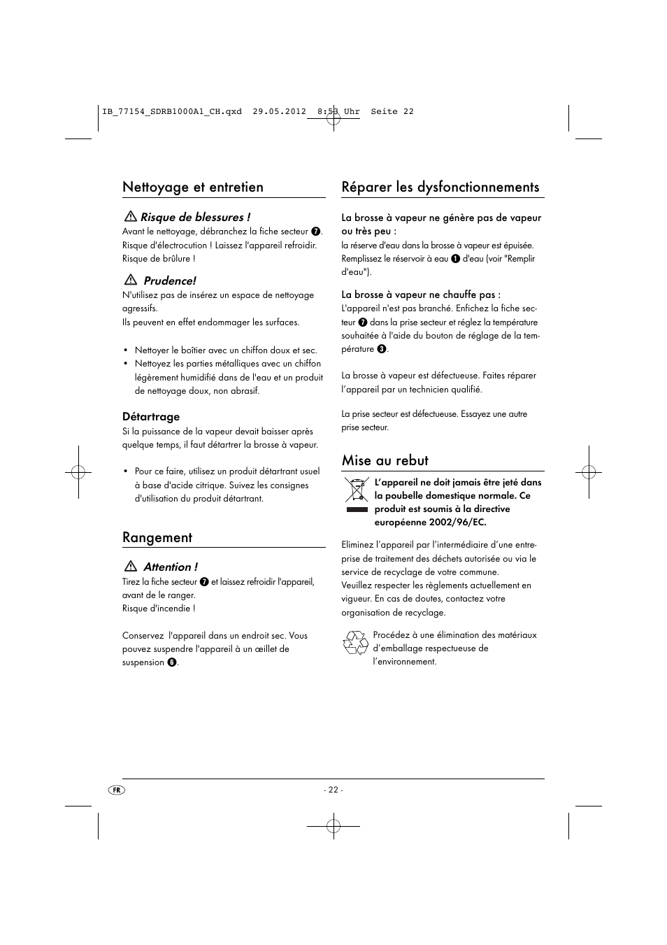 Nettoyage et entretien, Rangement, Réparer les dysfonctionnements | Mise au rebut | Silvercrest SDRB 1000 A1 User Manual | Page 24 / 48