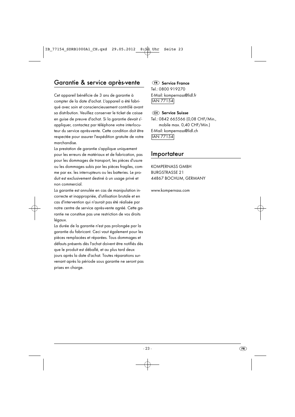 Garantie & service après-vente, Importateur | Silvercrest SDRB 1000 A1 User Manual | Page 25 / 48
