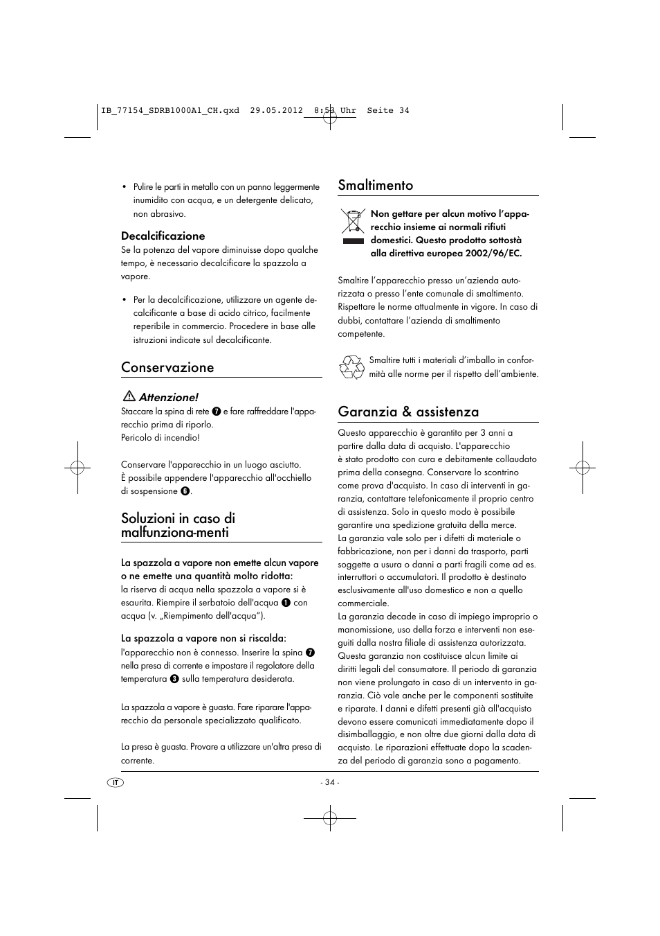 Conservazione, Soluzioni in caso di malfunziona-menti, Smaltimento | Garanzia & assistenza | Silvercrest SDRB 1000 A1 User Manual | Page 36 / 48