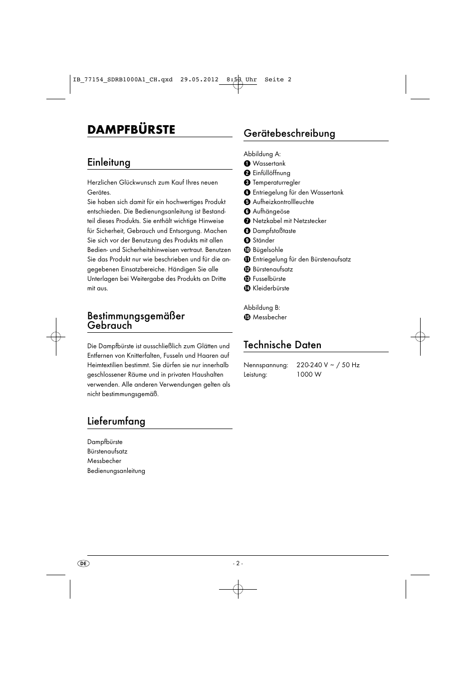 Dampfbürste, Einleitung, Bestimmungsgemäßer gebrauch | Lieferumfang, Gerätebeschreibung, Technische daten | Silvercrest SDRB 1000 A1 User Manual | Page 4 / 48