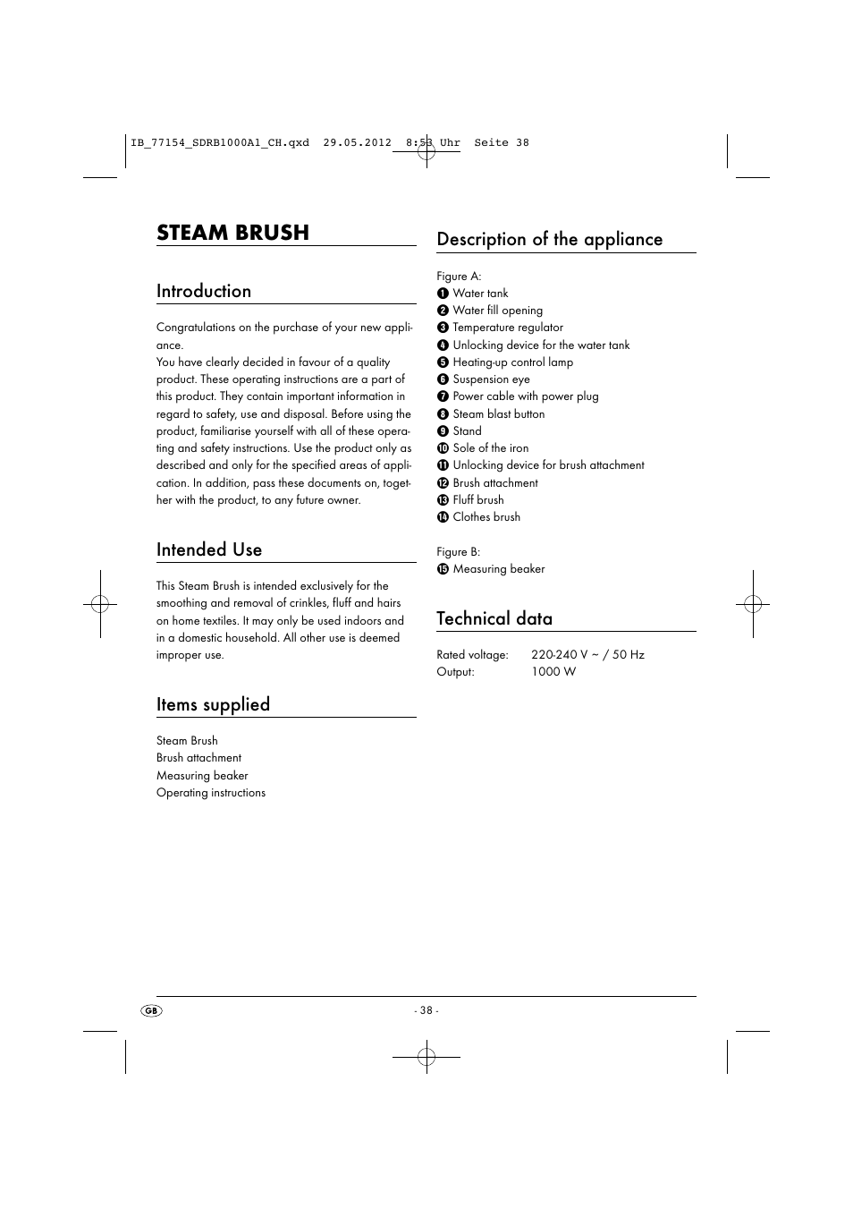 Steam brush, Introduction, Intended use | Items supplied, Description of the appliance, Technical data | Silvercrest SDRB 1000 A1 User Manual | Page 40 / 48