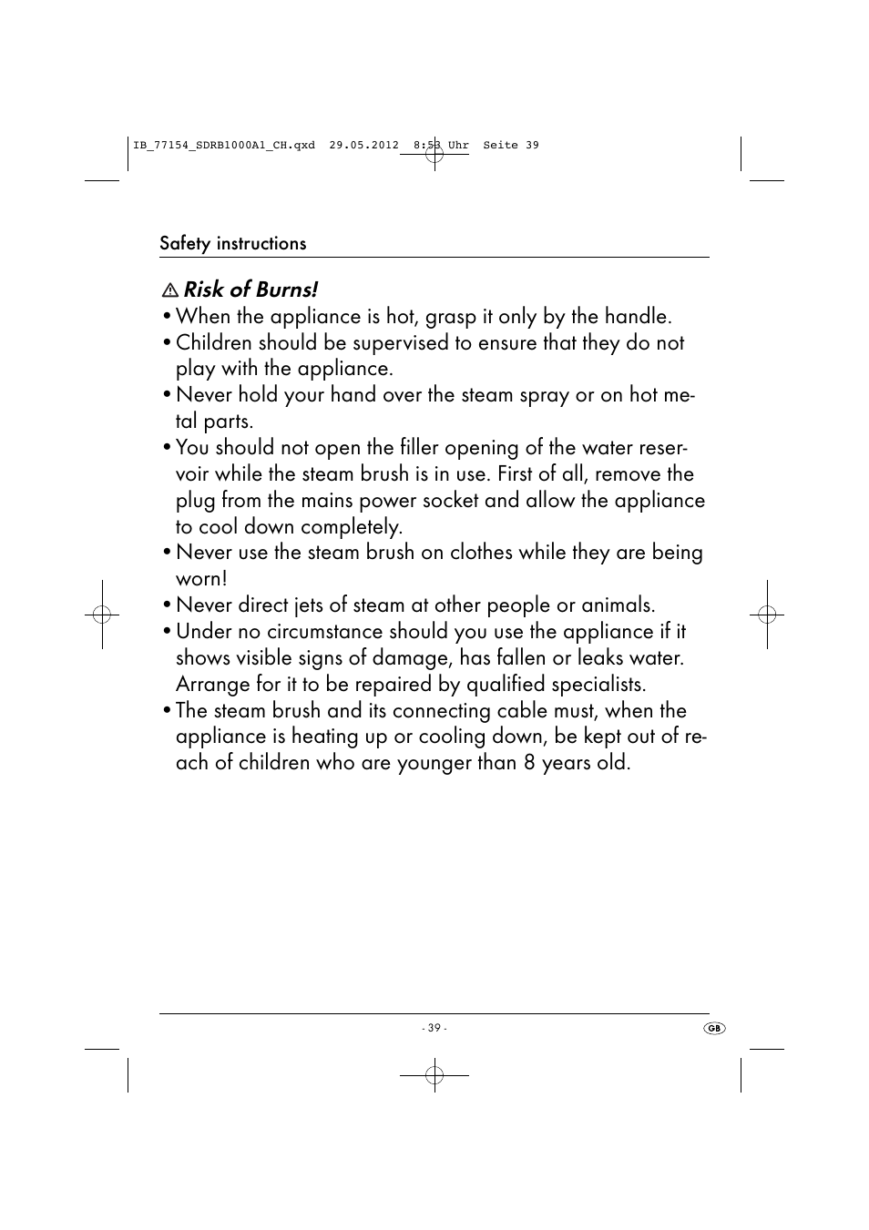 Risk of burns | Silvercrest SDRB 1000 A1 User Manual | Page 41 / 48
