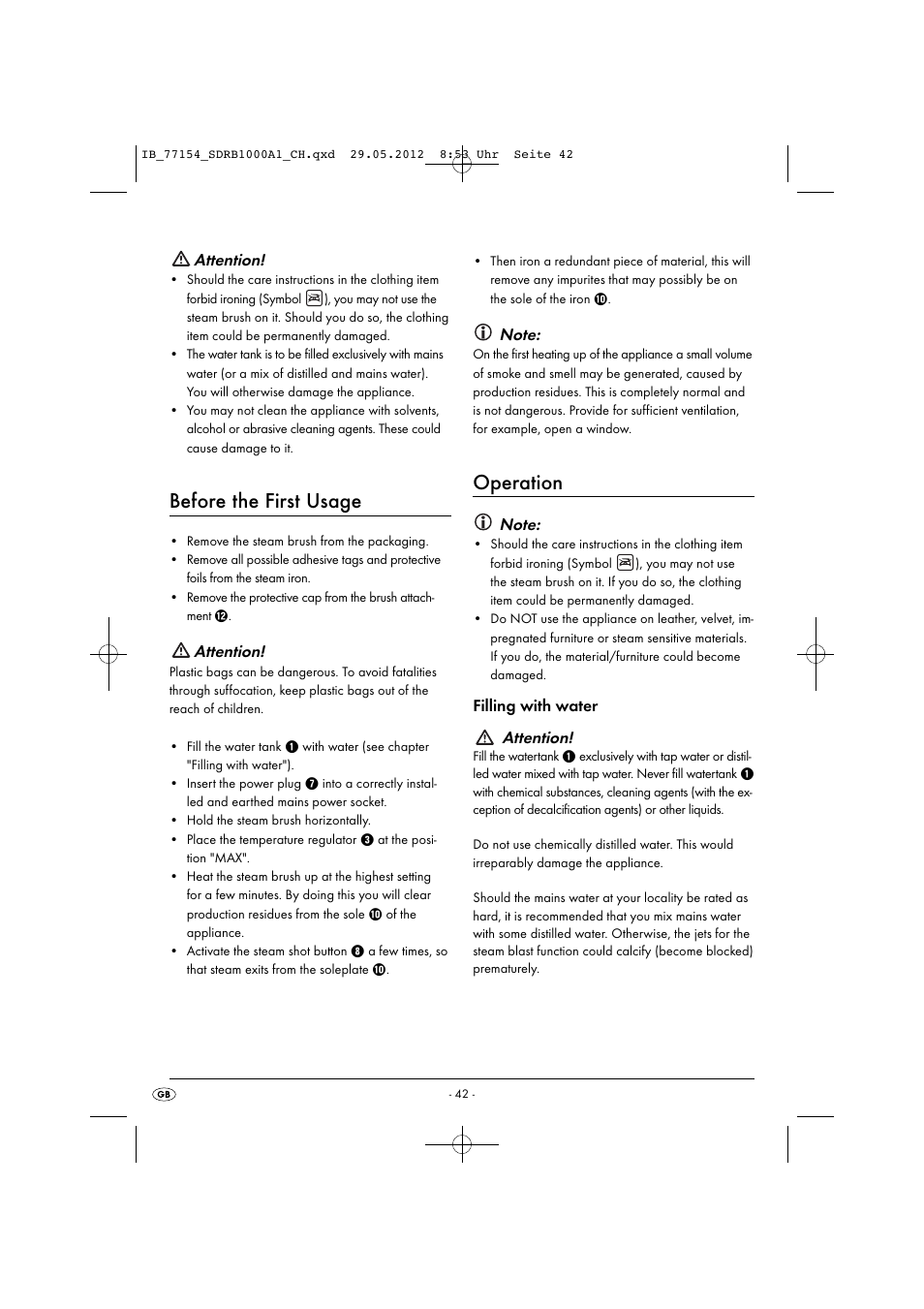 Before the first usage, Operation, Attention | Filling with water attention | Silvercrest SDRB 1000 A1 User Manual | Page 44 / 48
