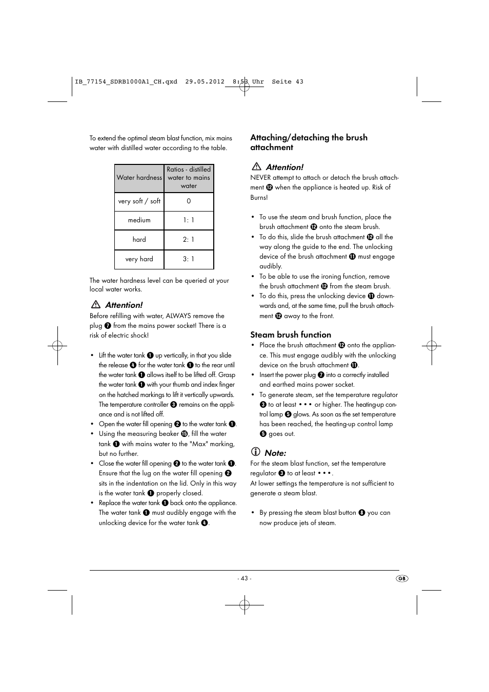 Attention, Attaching/detaching the brush attachment attention, Steam brush function | Silvercrest SDRB 1000 A1 User Manual | Page 45 / 48