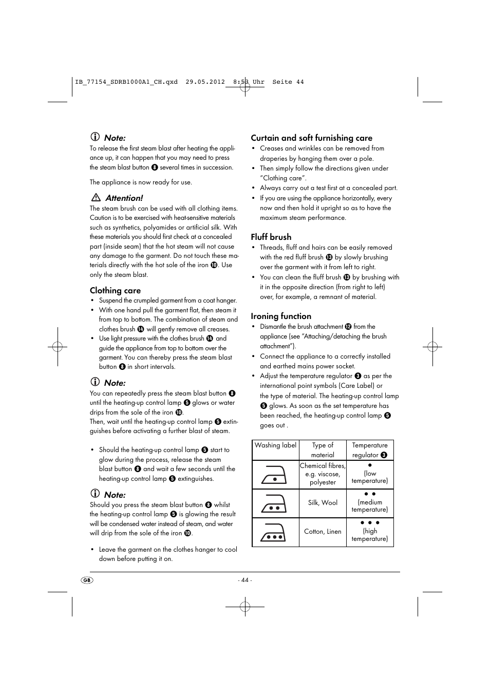Attention, Clothing care, Curtain and soft furnishing care | Fluff brush, Ironing function | Silvercrest SDRB 1000 A1 User Manual | Page 46 / 48