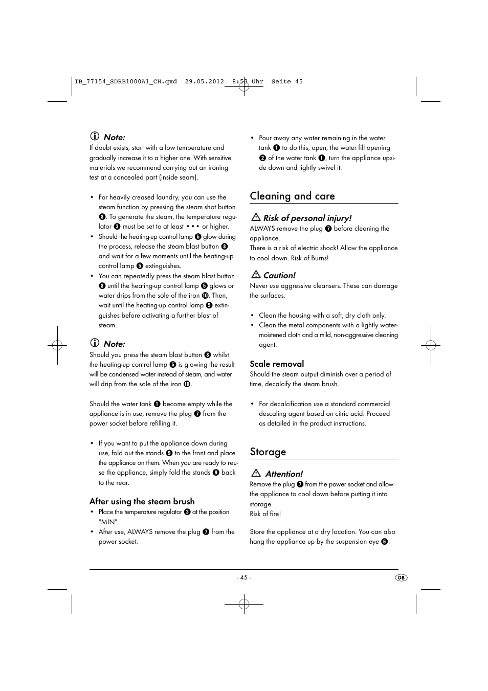 Cleaning and care, Storage, After using the steam brush | Risk of personal injury, Caution, Scale removal, Attention | Silvercrest SDRB 1000 A1 User Manual | Page 47 / 48