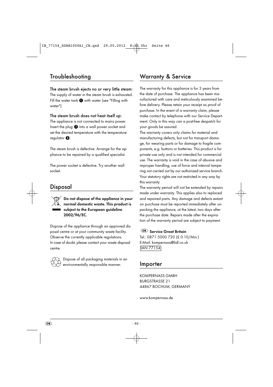 Troubleshooting, Disposal, Warranty & service | Importer | Silvercrest SDRB 1000 A1 User Manual | Page 48 / 48