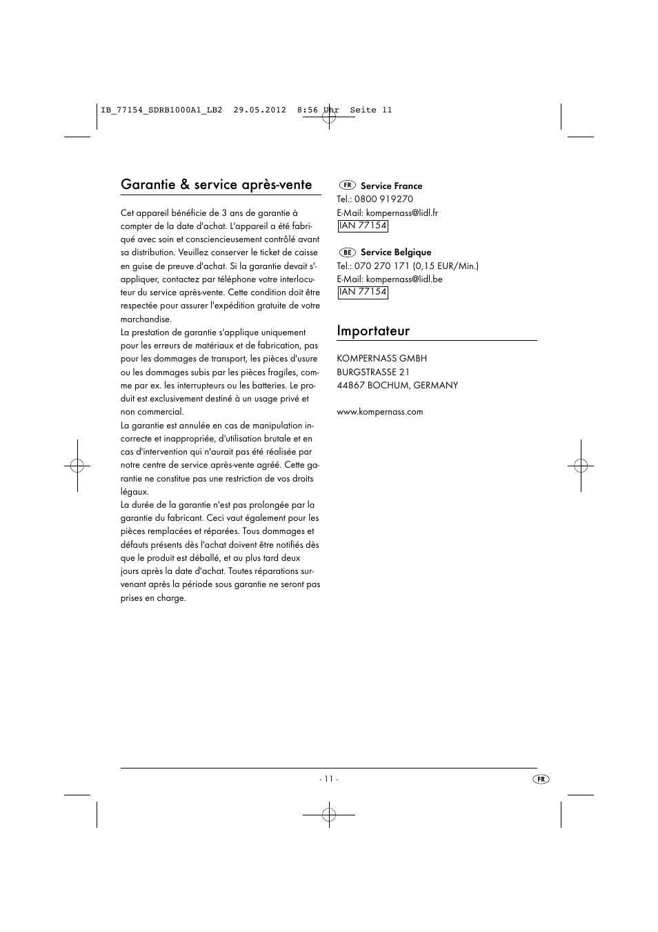 Garantie & service après-vente, Importateur | Silvercrest SDRB 1000 A1 User Manual | Page 13 / 46